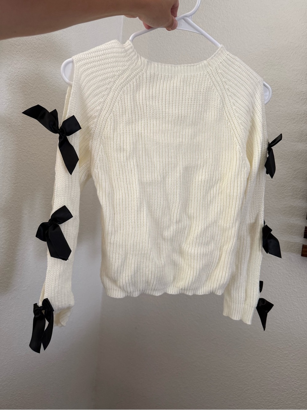 SHEIN Cream Ribbed Sweater with Black Ribbon Bow Sleeves